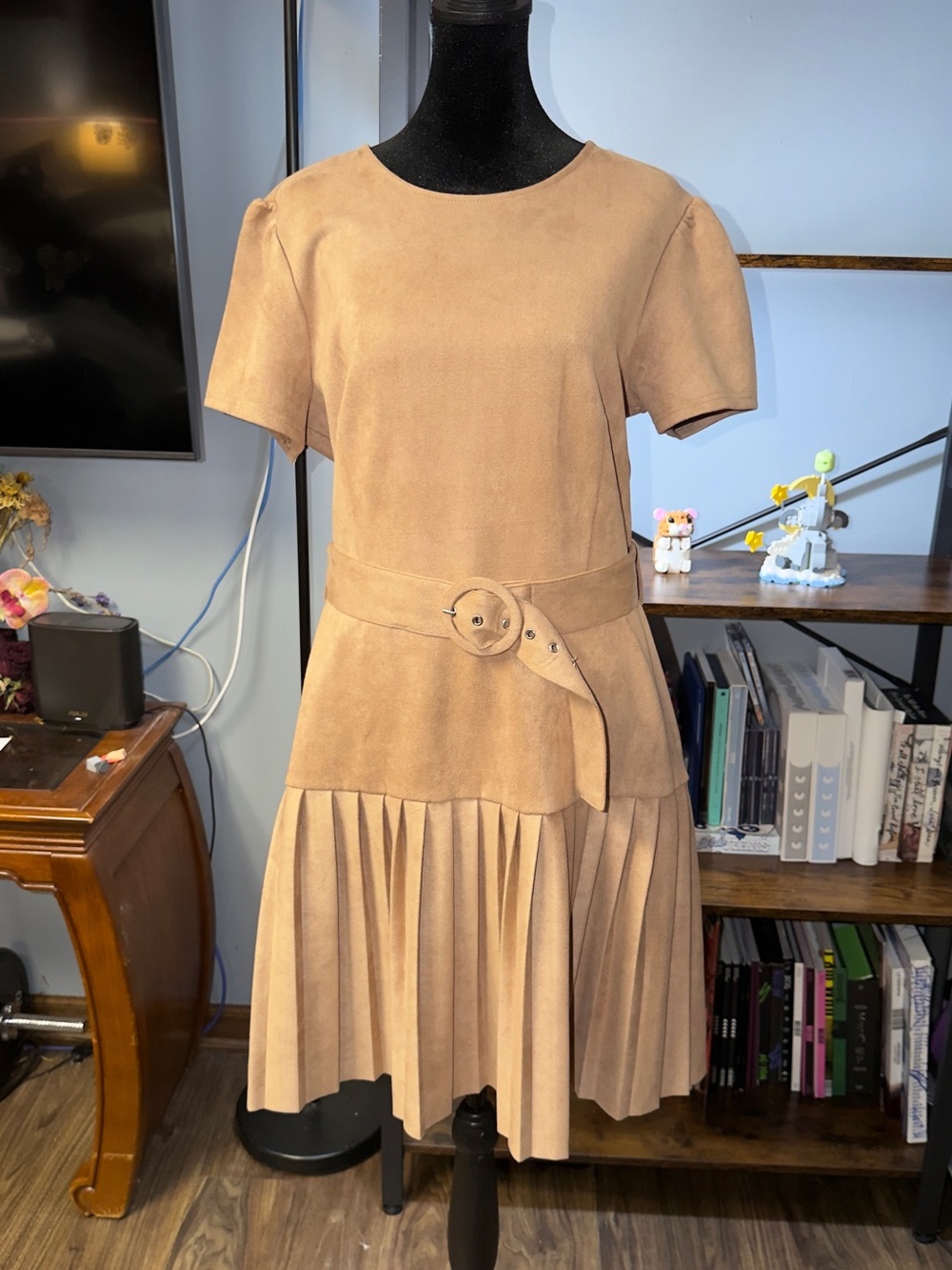 Suede Pleated Short-Sleeve Dress in Camel/NWOT